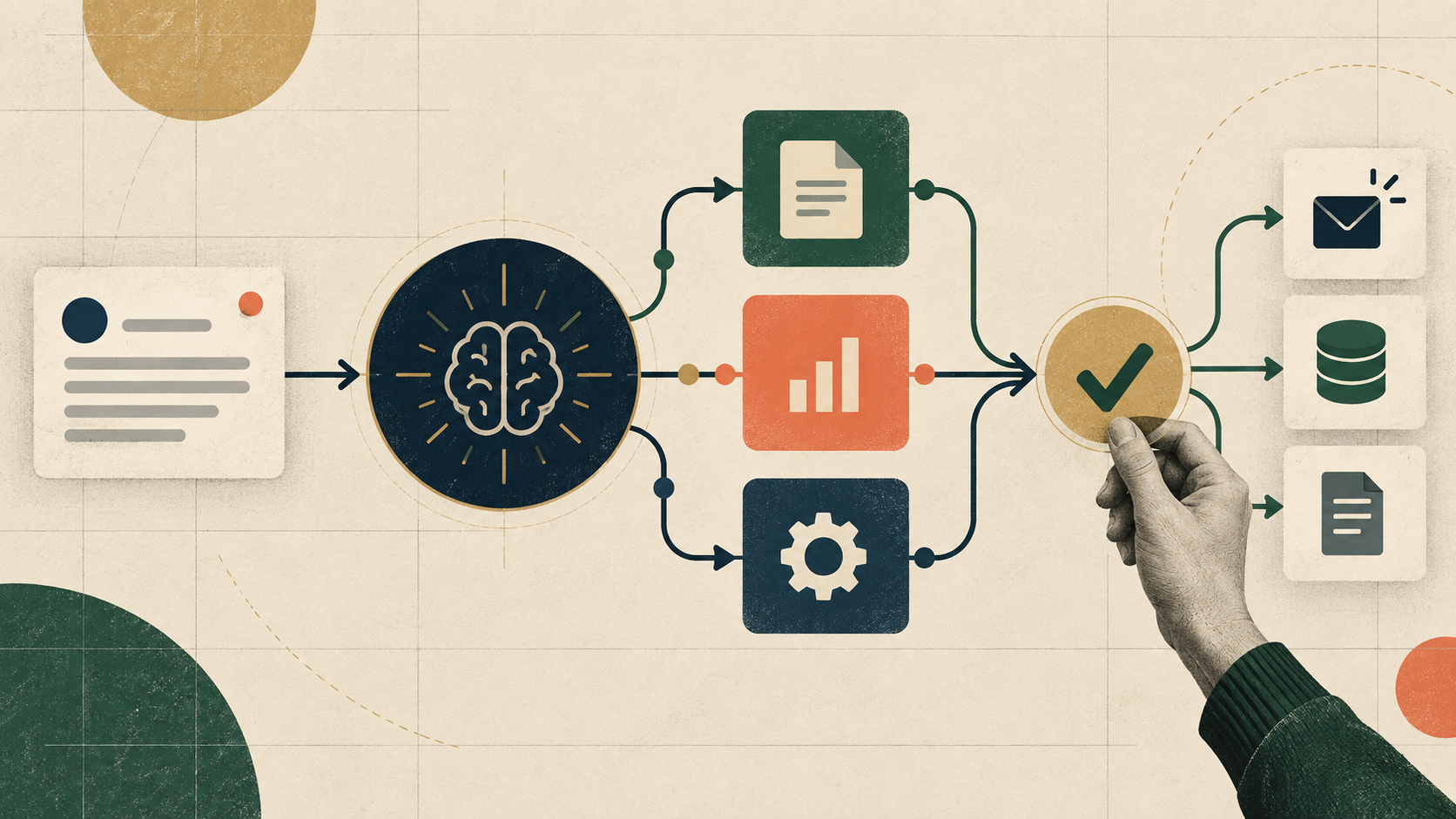 An editorial diagram showing a message entering an AI decision step, branching through workflow tools, and reaching a human approval checkpoint
